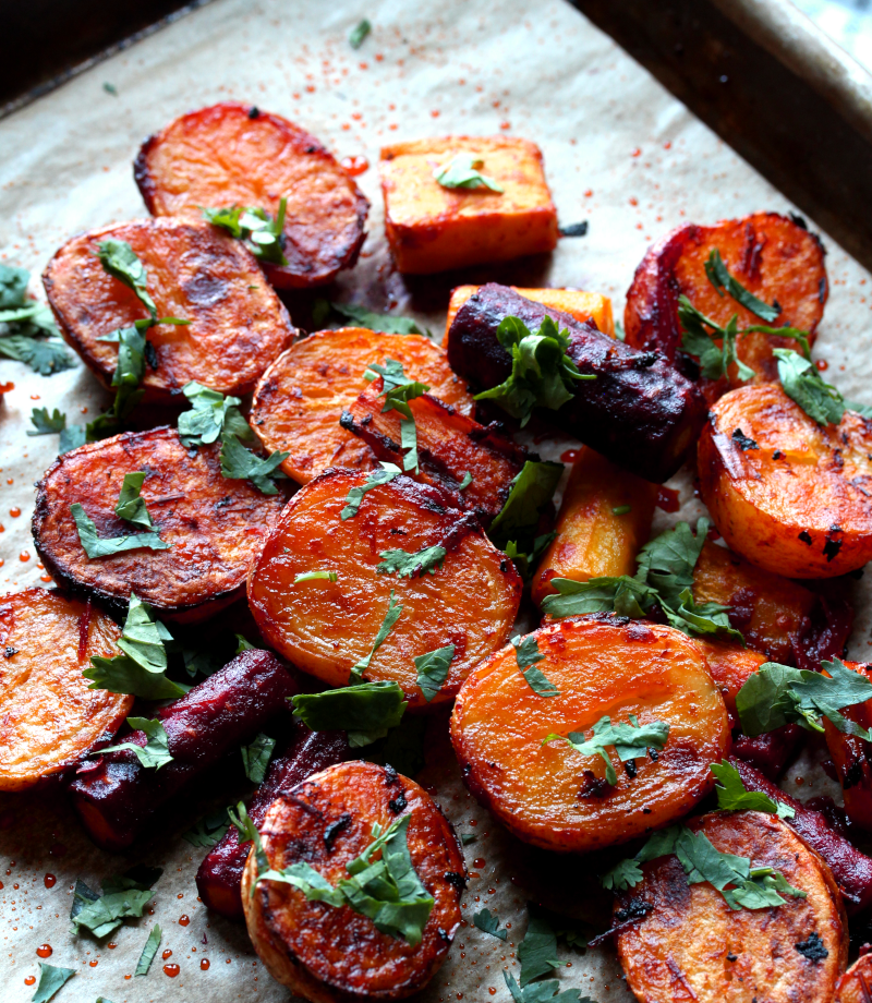 Harissa baby potatoes and rainbow carrots